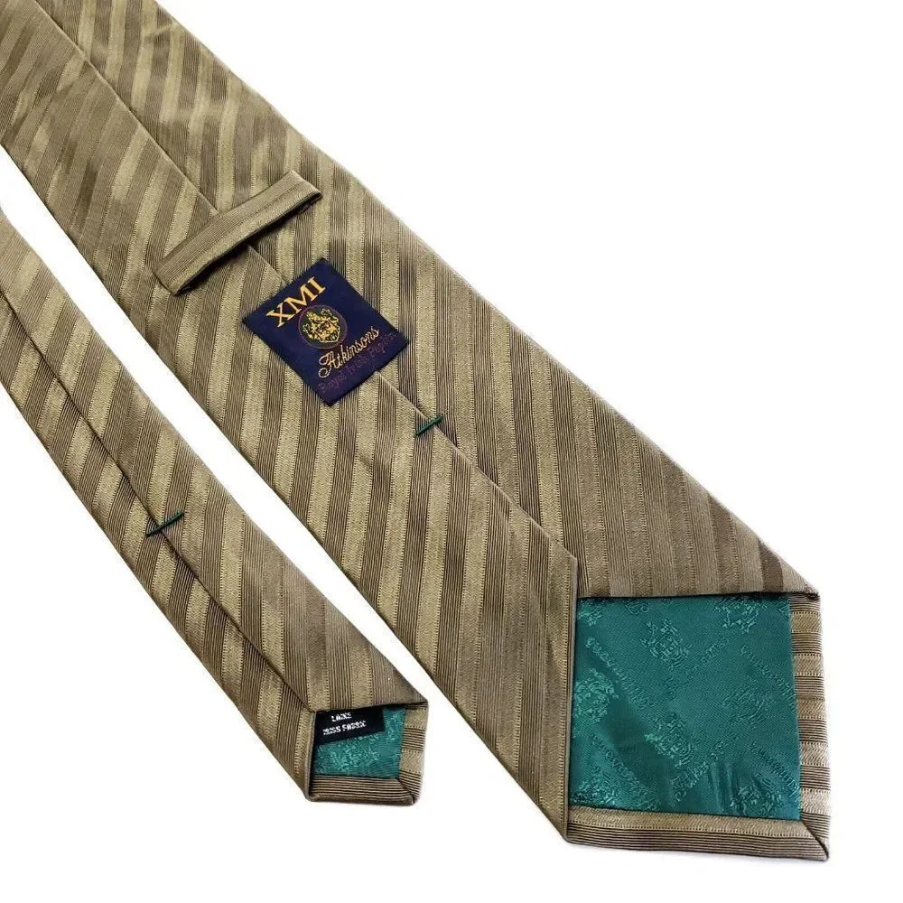 XMI Atkinsons Woven‎ Striped Green Beige Short Wide Silk Wool Tie